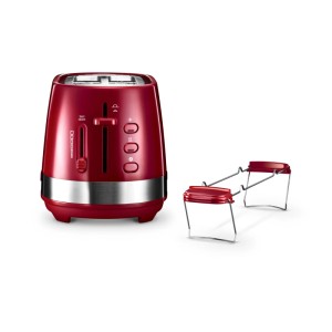Roter De'Longhi Toaster mit Chrom-Akzenten und separatem Aufbackgitter. Modernes Haushaltsgerät.