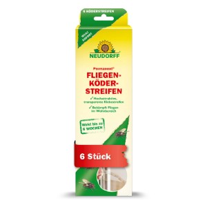 Neudorff Permanent Fliegenköder-Streifen 6 Stück, gelb-grüne Packung. Bekämpft Fliegen in Wohnräumen, wirkt sofort bis 6 Wochen.