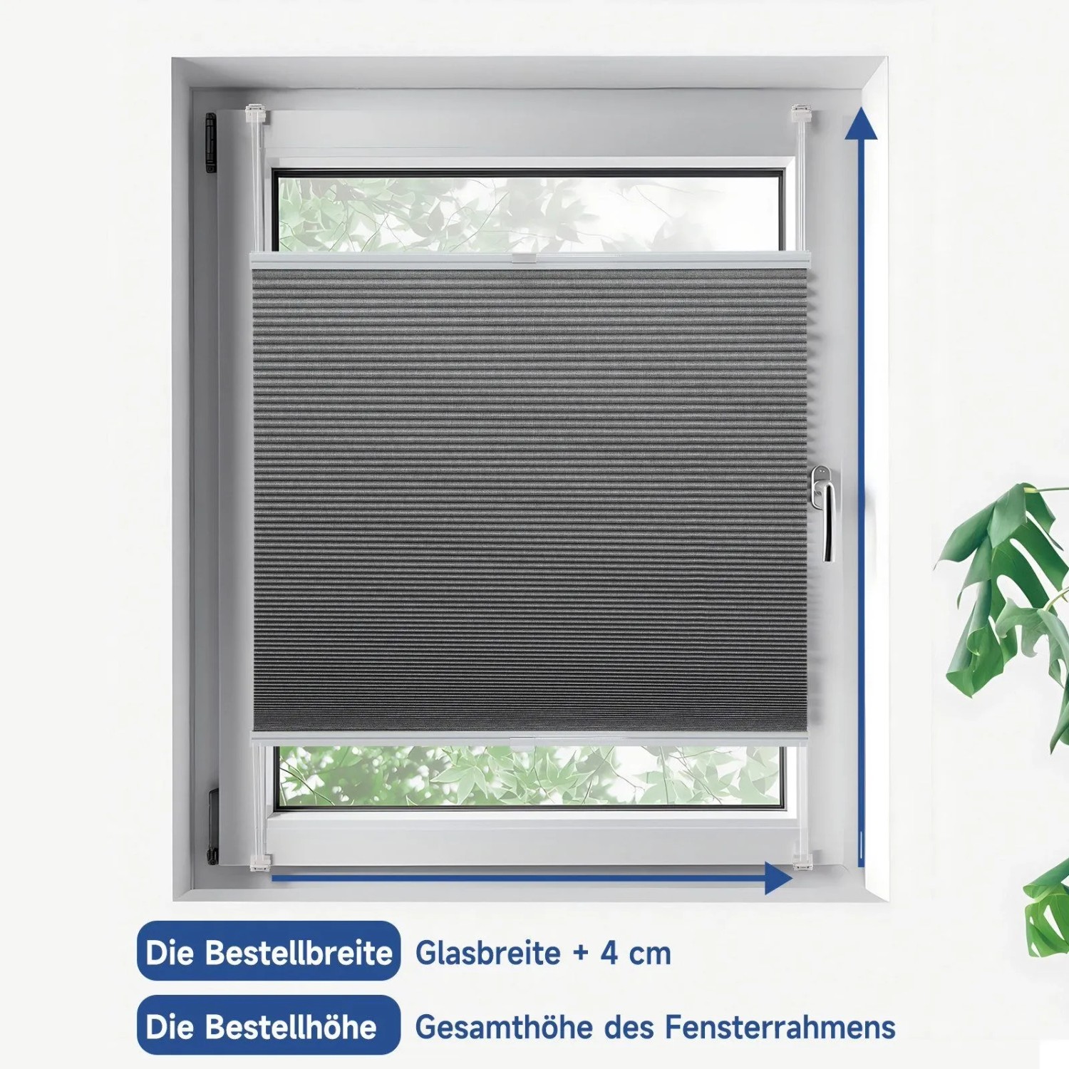 Dunkelgraues Sekey Wabenplissee zur Verdunkelung am Fenster, Montage ohne Bohren.