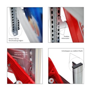 Details des PROREGAL Chiemsee Vino Weinregals: Fuß, Höhenraster, Sicherheitsspinde und Schutzkappen.