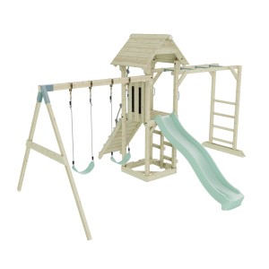 OutdoorToys Spielturm Örebro mit Schaukel und Rutsche in Mintgrün.