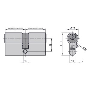 Technische Zeichnung Basi Profil-Doppelzylinder 30/35 mm, verschiedenschließend, für Haustüren.
