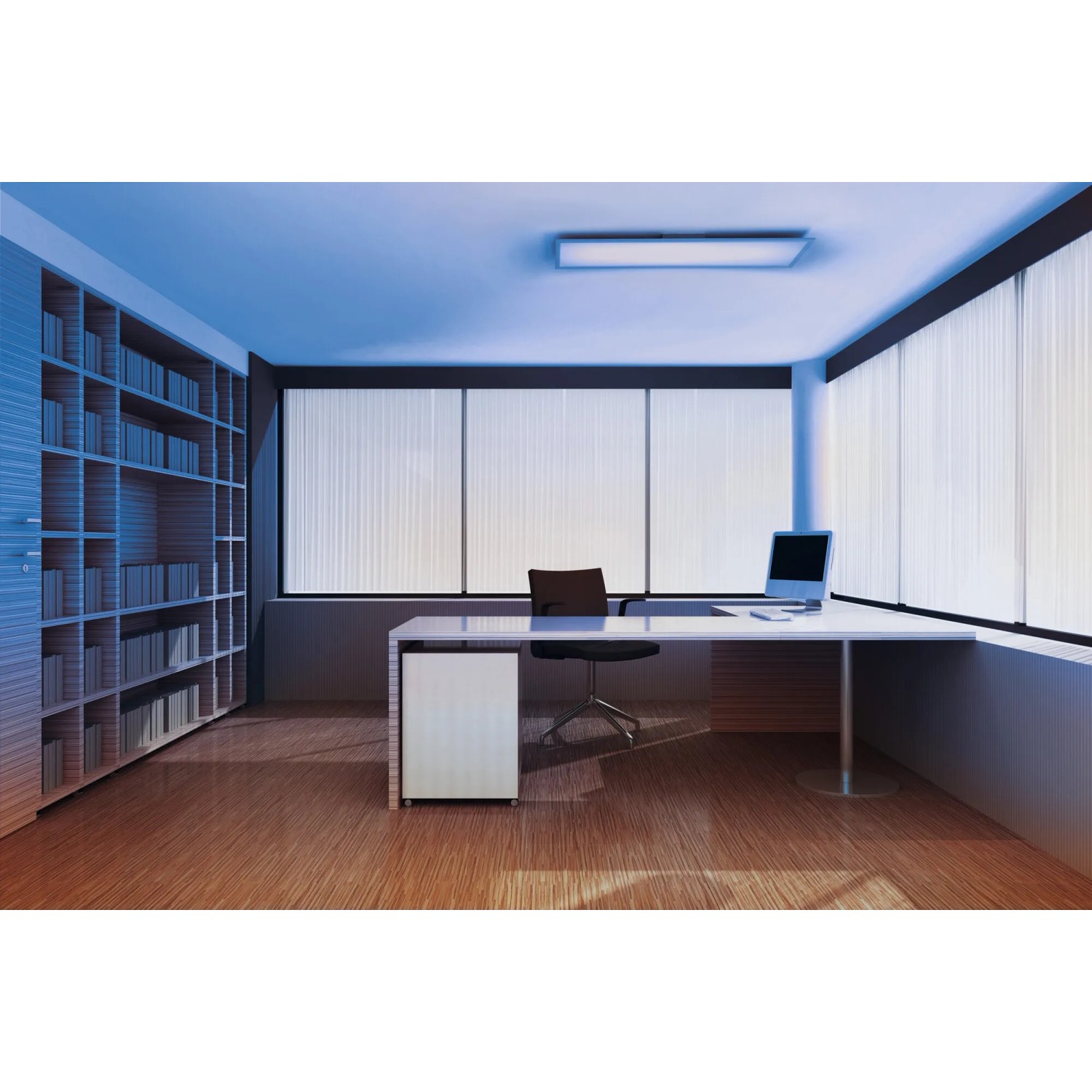 Moderne Büroeinrichtung mit Ledvance LED-Deckenleuchte Planon Plus, Bücherregal und Schreibtisch.