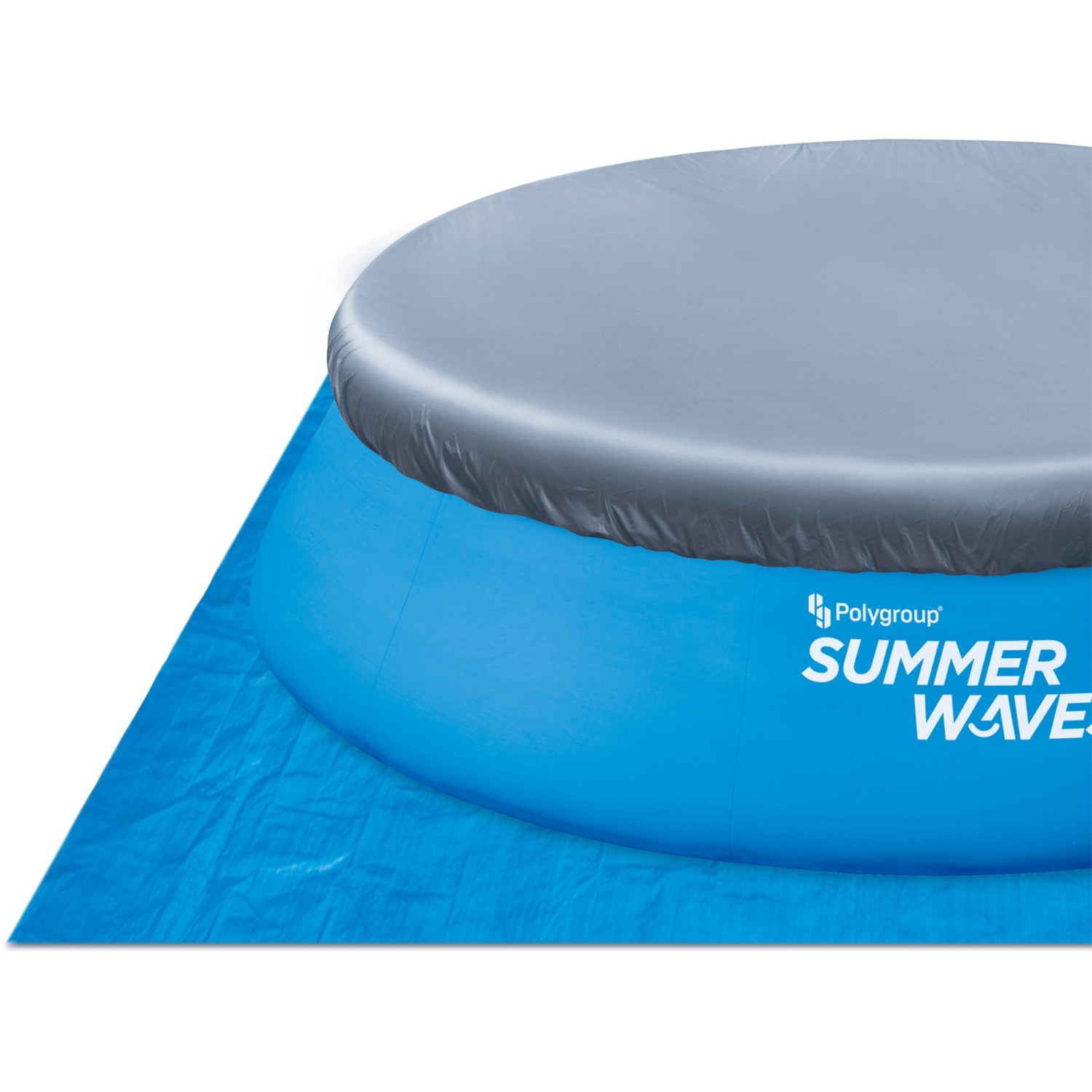 Blauer Summer Waves Quick Pool (Ø 457 cm) mit Abdeckung und Unterlegplane.