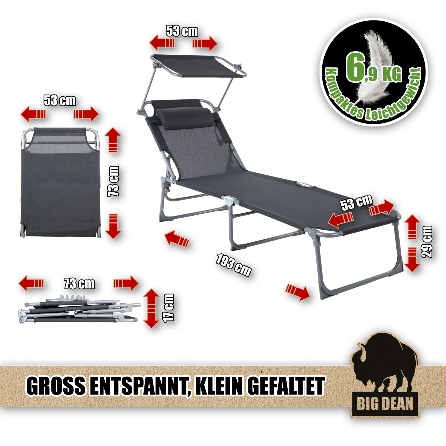 Dunkelgraue BigDean Sonnenliege, klappbar mit Kopfkissen und Sonnendach, Maße dargestellt.