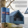 belton Buntlack Perfect Jeans Blue seidenmatt, zwei Sprühdosen und blau lackiertes Vogelhaus.