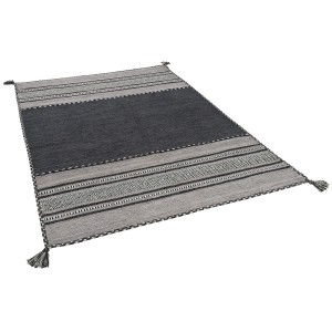 Anthrazitfarbener Kelim Teppich „Navarro“ (90x160 cm) mit Streifenmuster und Quasten.