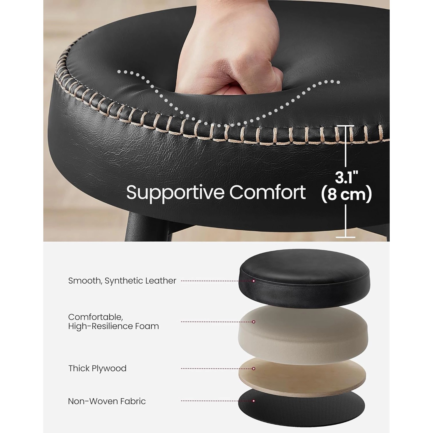 Vasagle Barhocker 2er-Set, schwarz. Detailaufnahme der Sitzfläche mit Polsterung und Materialschichten.
