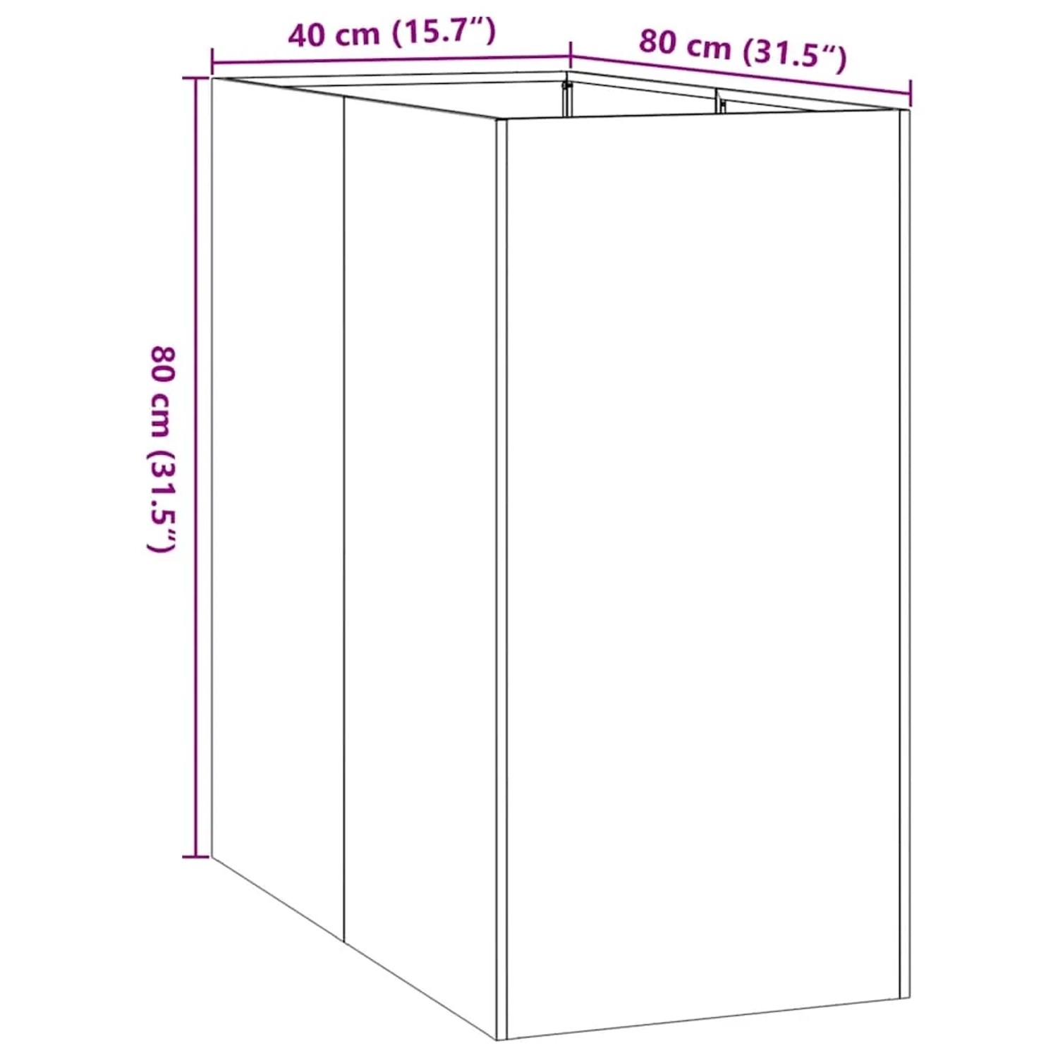 Maßzeichnung des vidaXL Pflanzkübels 40x80x80 cm. Zeigt Breite, Tiefe und Höhe des Pflanzgefäßes.