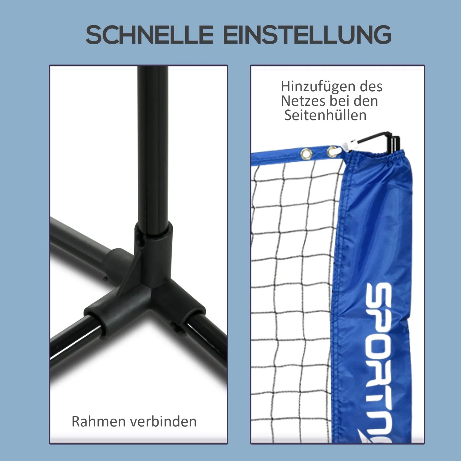 Detailansicht: Schwarzer Metallrahmen und blauer Oxfordstoff des SPORTNOW Badmintonnetzes, zeigt Rahmenverbindung und Netzmontage.
