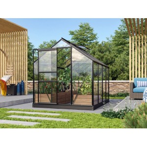 Vitavia Gewächshaus Venus 5000, schwarzer Rahmen, 5 m², mit Pflanzen im Garten.