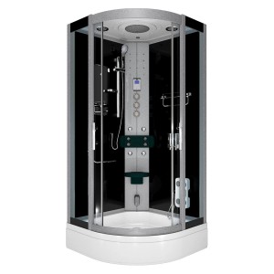 AcquaVapore Duschkabine 100x100 cm mit schwarzer Rückwand, Regendusche und Massagedüsen.