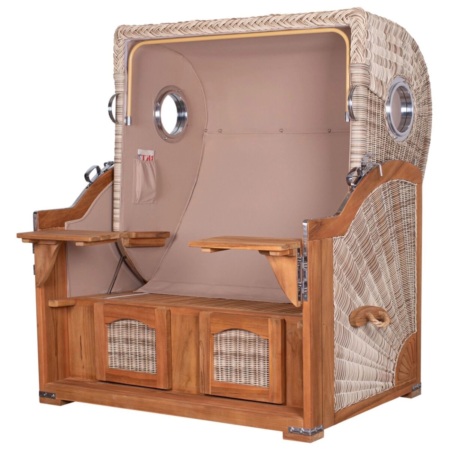 Komplettset: XL Strandkorb Ammersee Grande aus Teak mit Bullauge, Schutzhülle und Doppelrollen.