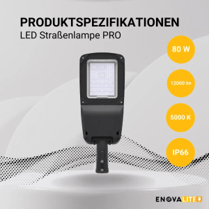 ENOVALITE LED Straßenleuchte, 80W, neutralweiß, dimmbar, ideal für Parkplätze und Wege.