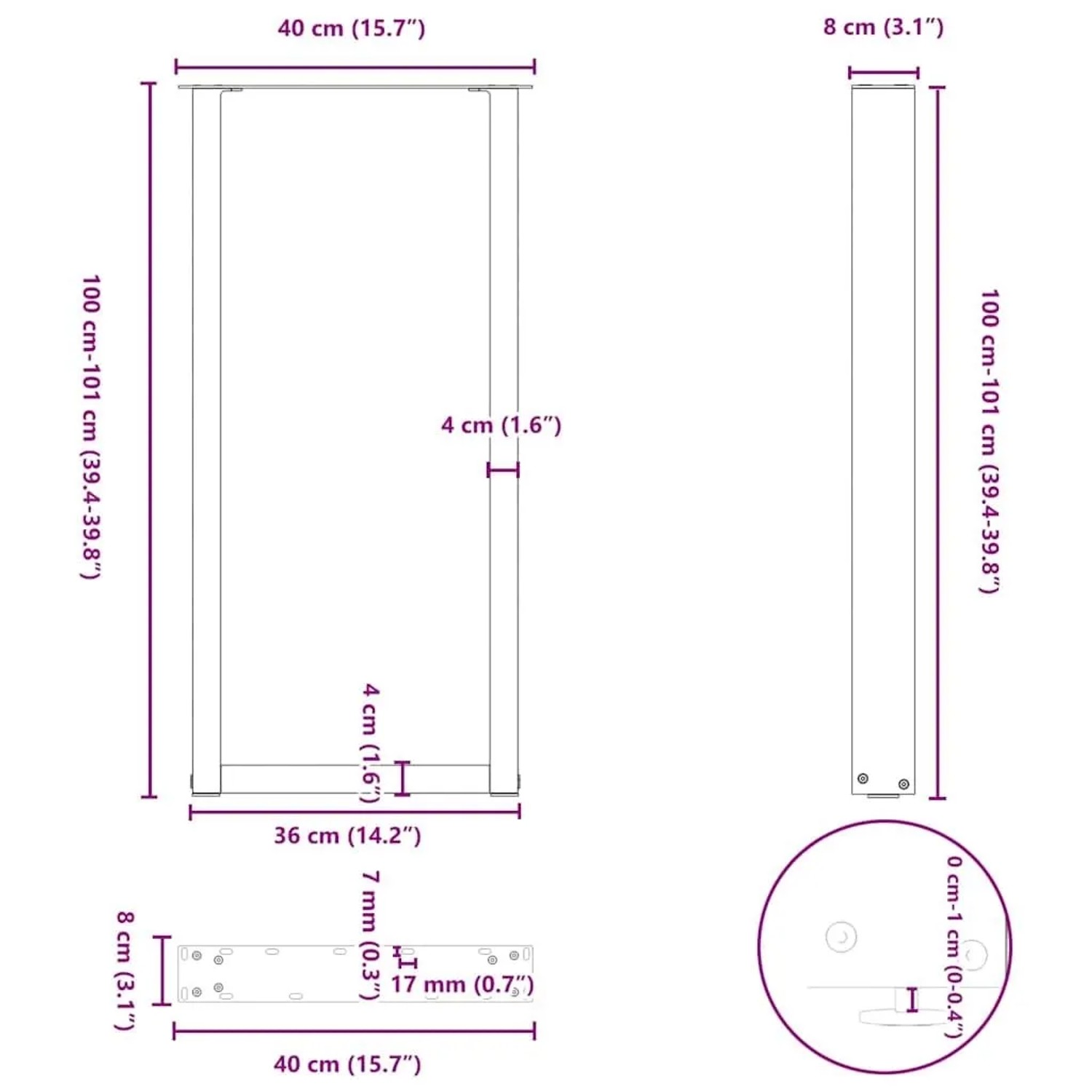 vidaXL Bartischbeine U-Form, 2 Stk., schwarz, Stahl, 40x100 cm. Möbelbeine für Stehtische.