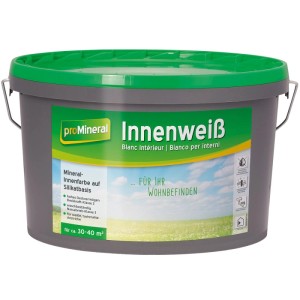Grauer Eimer proMineral Innenweiß 5 l mit grünem Deckel. Weiße, matte Wandfarbe, hoch deckend, waschbeständig für innen.