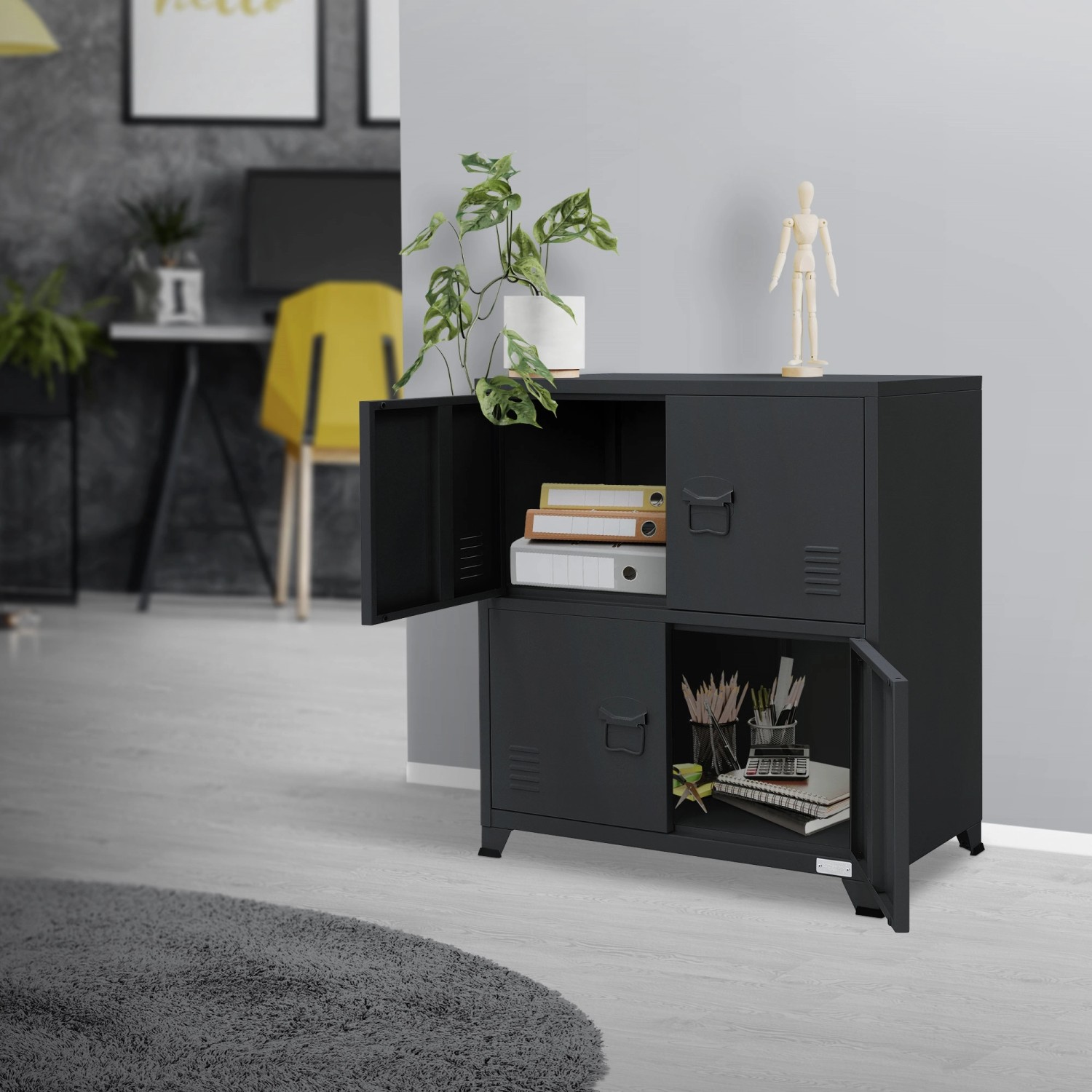 Anthrazitfarbener ML-Design Aktenschrank aus Stahl mit offenen Türen und zwei Fächern.