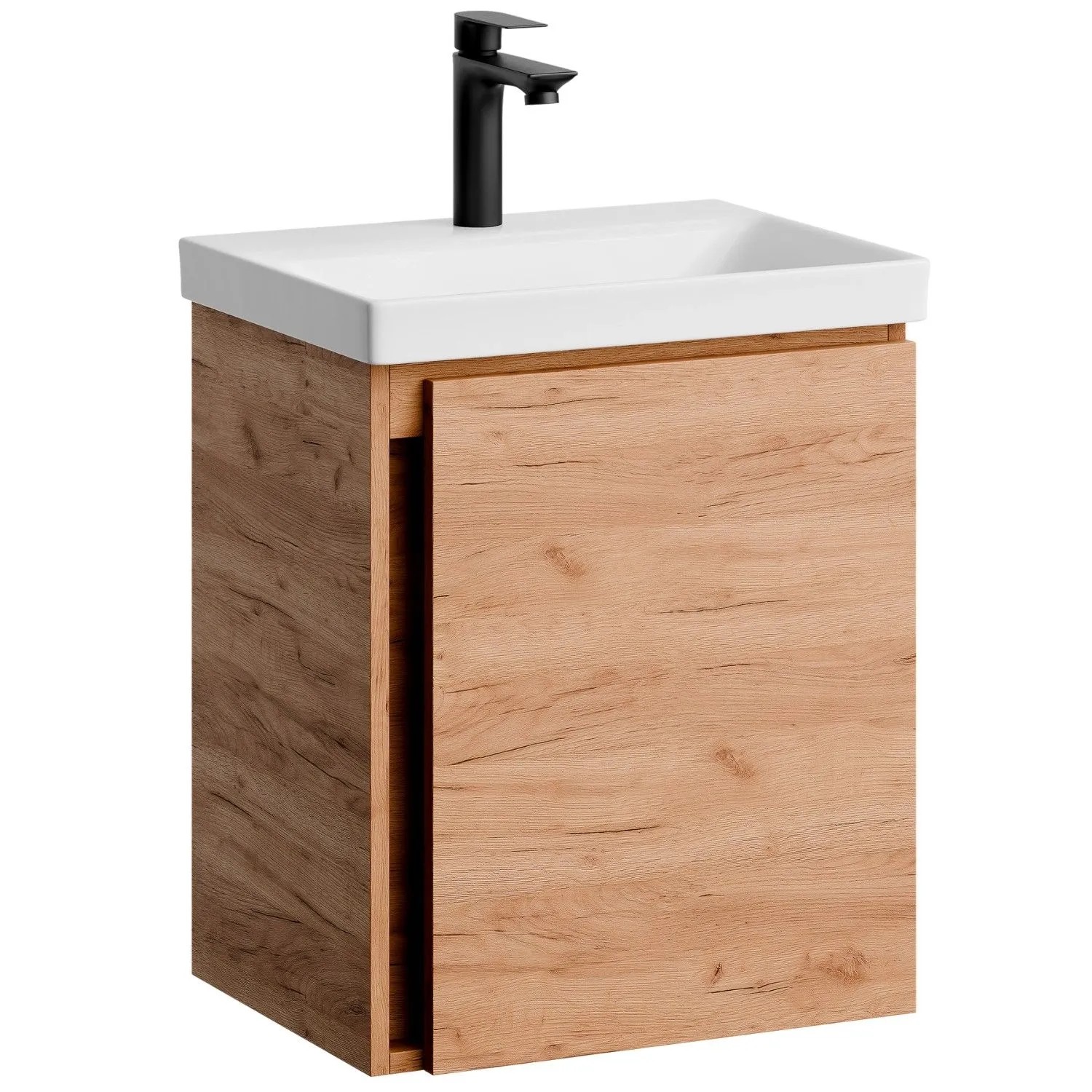 Planetmöbel Waschtischunterschrank 50 cm Gold Eiche mit Keramikwaschbecken Armatur Schwarz Soft Close