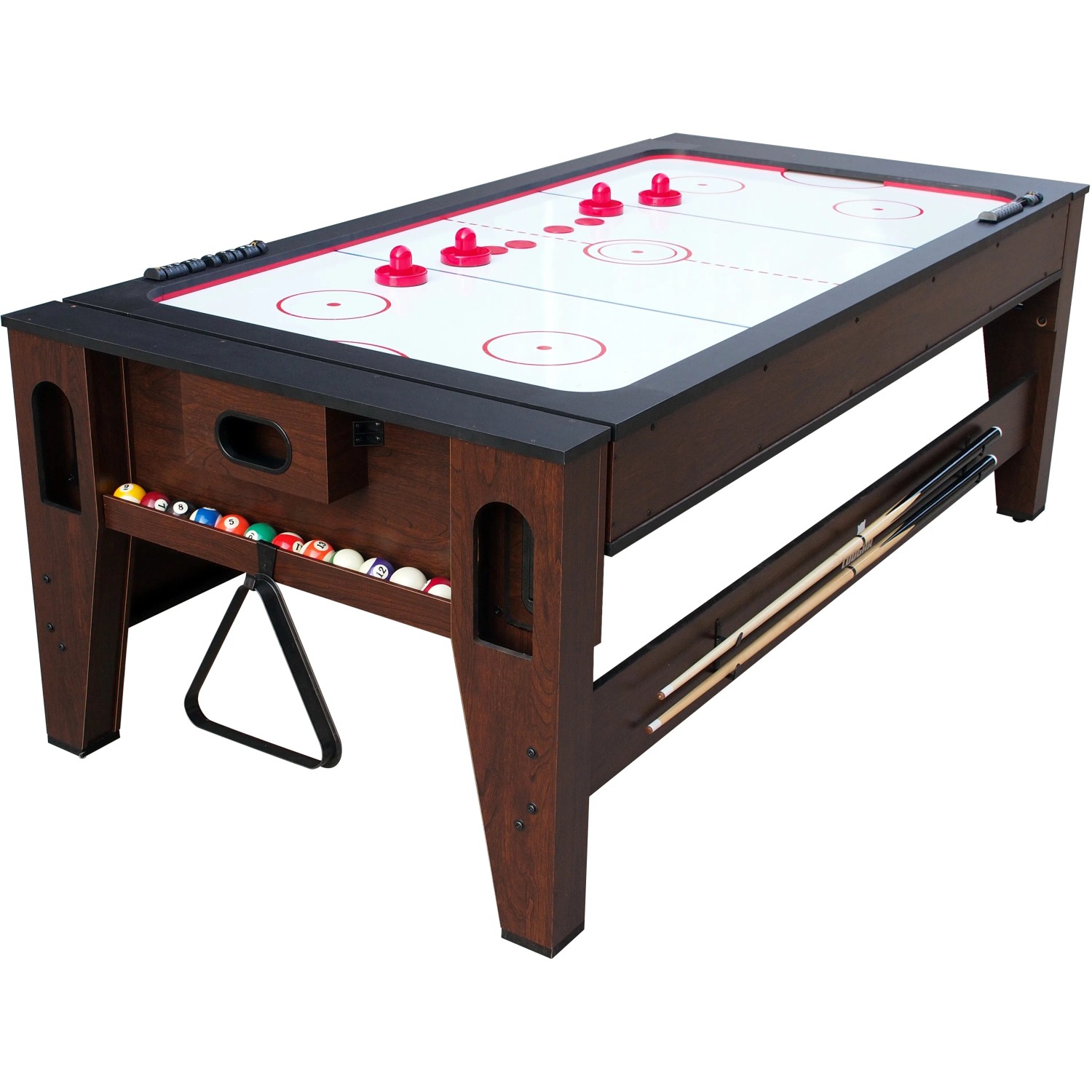 Reverso Spieltisch: Pooltisch und Airhockeytisch in einem, mit Zubehör und Holzausstattung.
