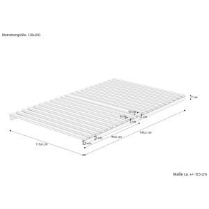 Technische Zeichnung des Erst-Holz Lattenrosts 120x200 cm aus Fichtenholz mit Maßen und 21 stabilen Holzlatten.
