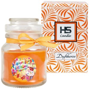 HS Candle Duftkerze Happy Birthday Honigmelone Cupcake im Glas mit Schleife und Geschenkverpackung.