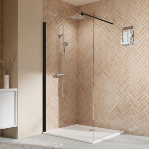 Freistehende Breuer Duschwand Elana 2.0 mit Klarglas und schwarzem Rahmen. Walk-in Dusche für barrierefreies Bad.