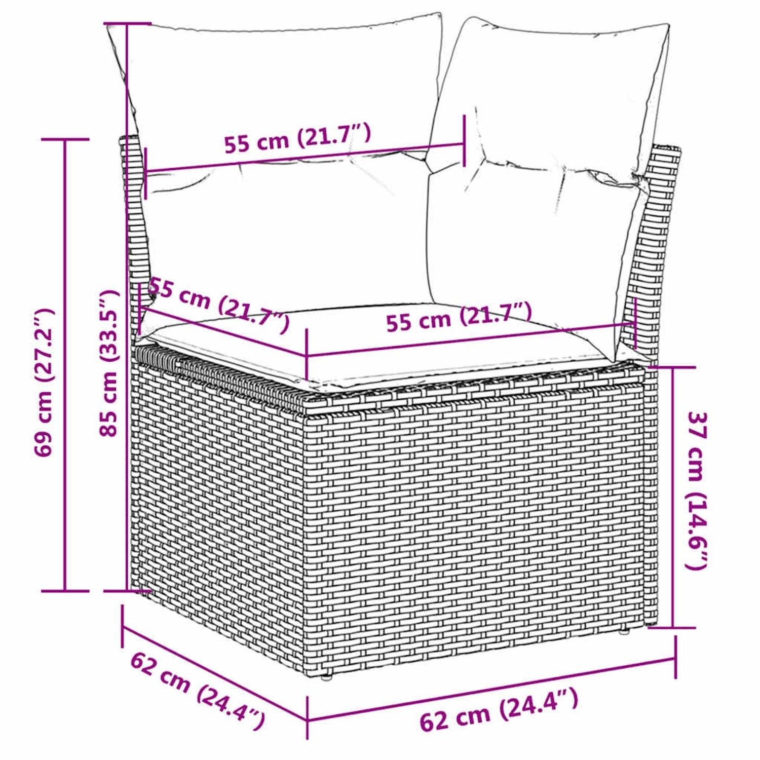 Maße des grauen vidaXL Gartensofas aus Polyrattan mit Kissen, Teil der 6-tlg. Garnitur.