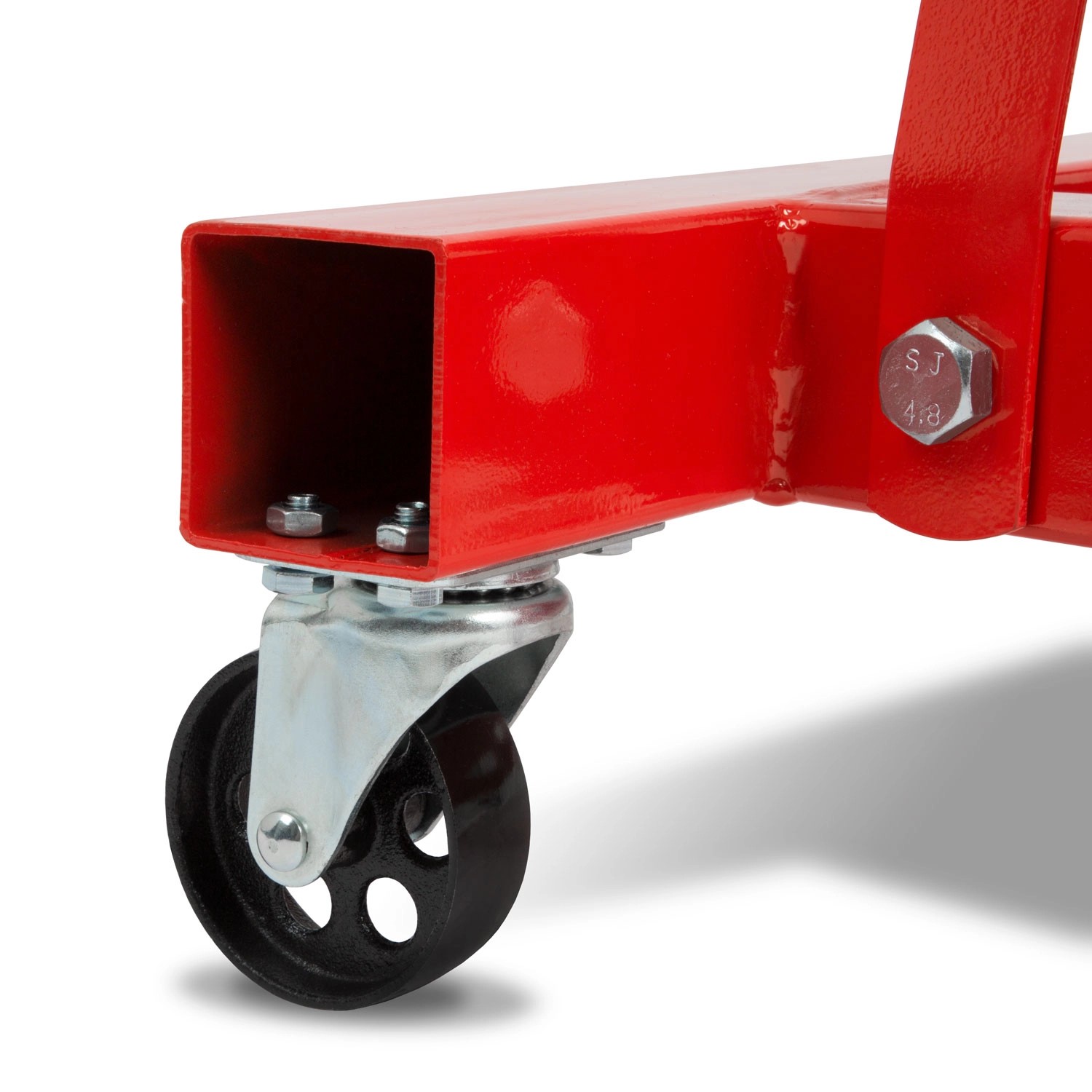 Detailaufnahme: Rote Basis mit Lenkrolle des EBERTH Motorkrans, verstellbar bis 2000kg.