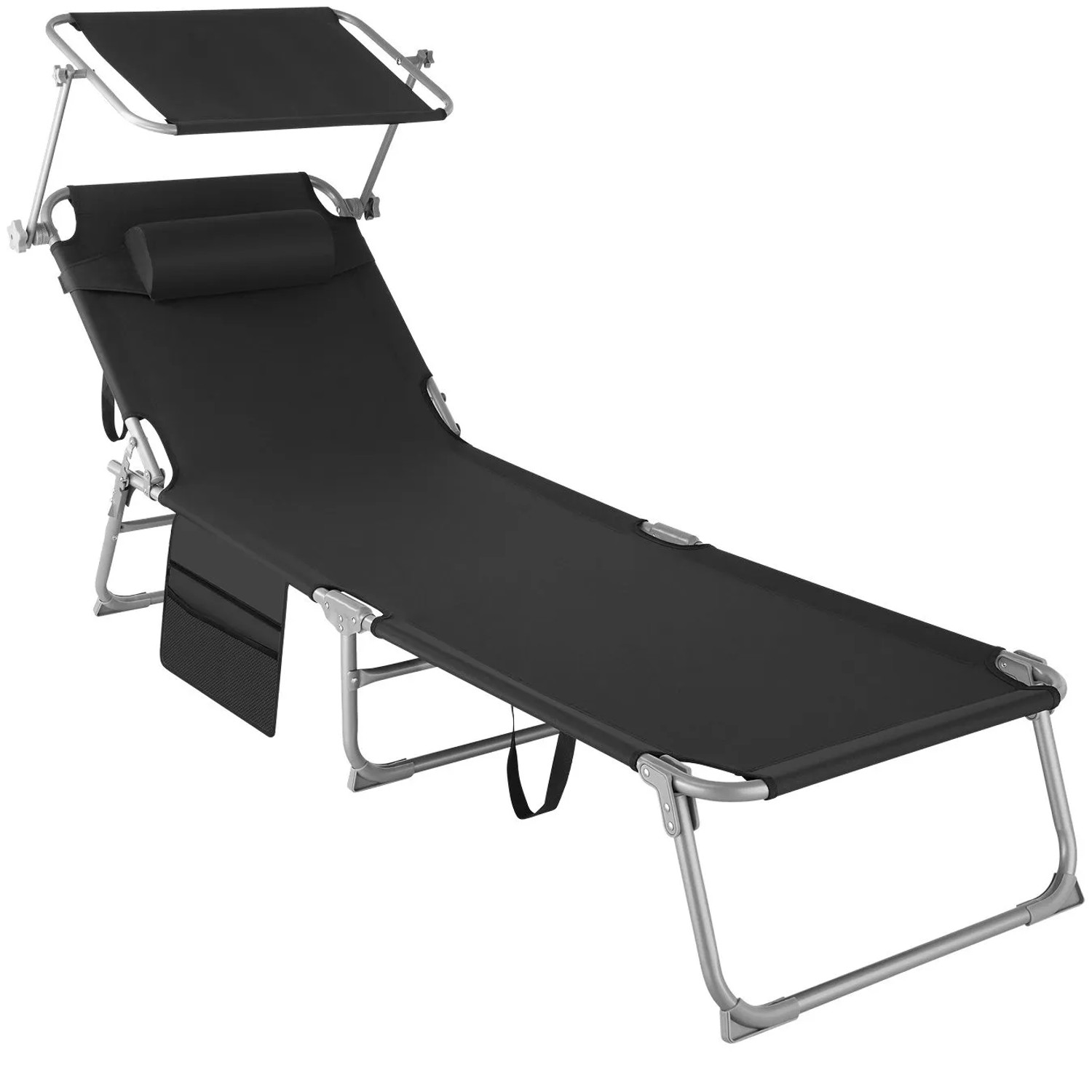 Tectake Sonnenliege Chloé Klappbar  Stufenlos Verstellbares Sonnendach  161 x 68 x 111 cm Schwarz