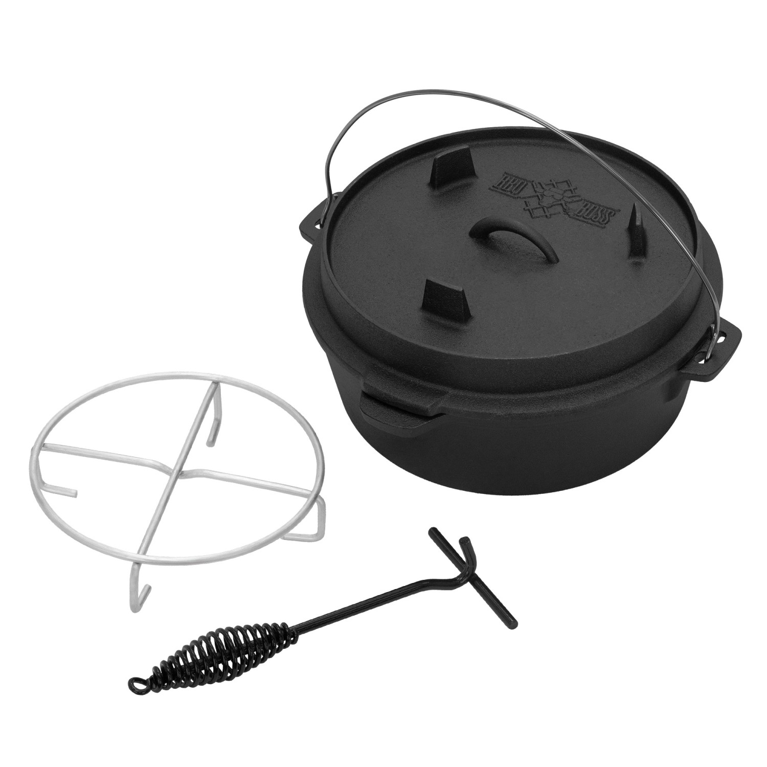 BBQBOSS Dutch Oven Set BBQ 7,3 Liter Eingebrannter Feuertopf aus Gusseisen