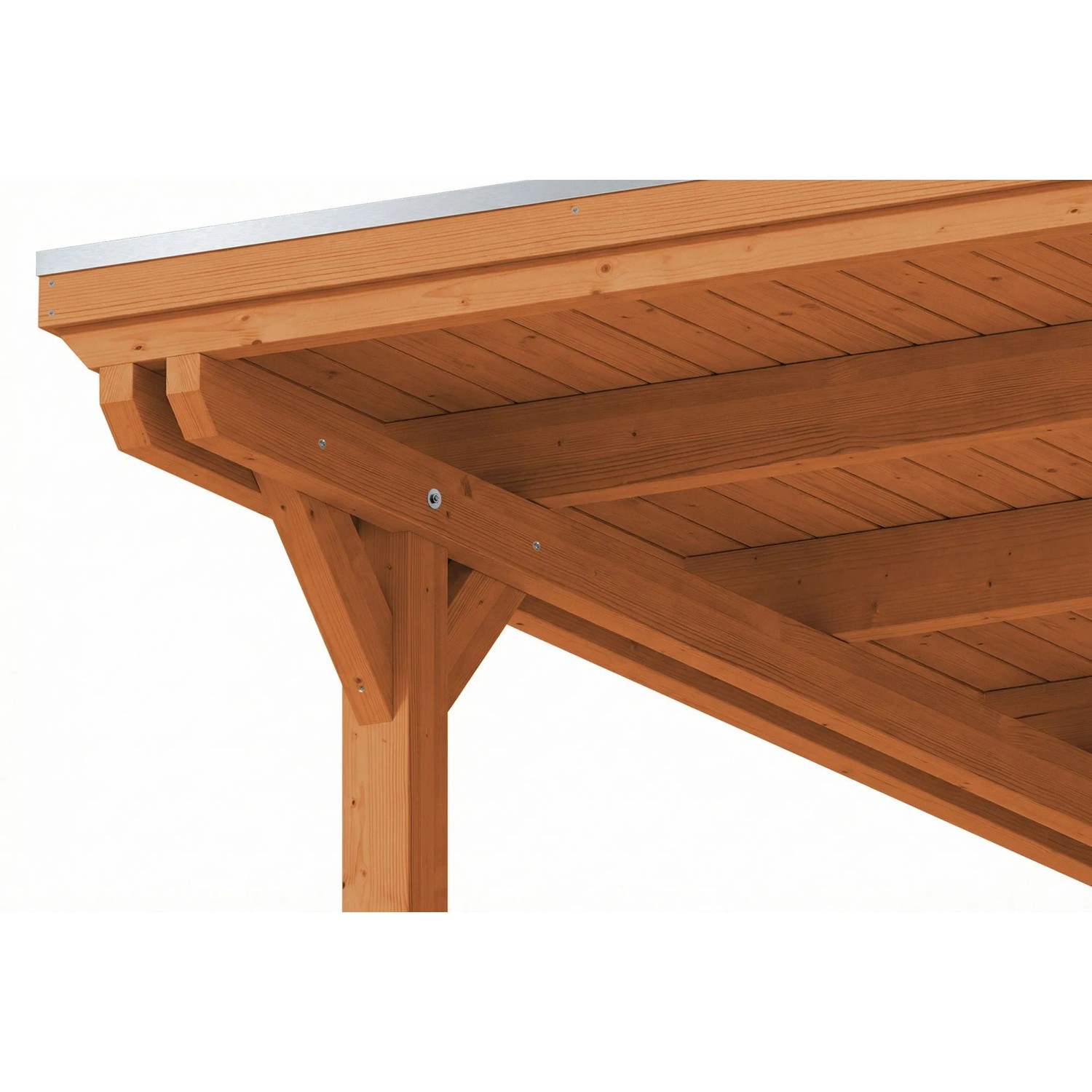 Skan Holz Carport Emsland: Nahaufnahme der Eiche Hell Leimholz-Konstruktion mit Pfosten, Balken und Metallkante am Flachdach.