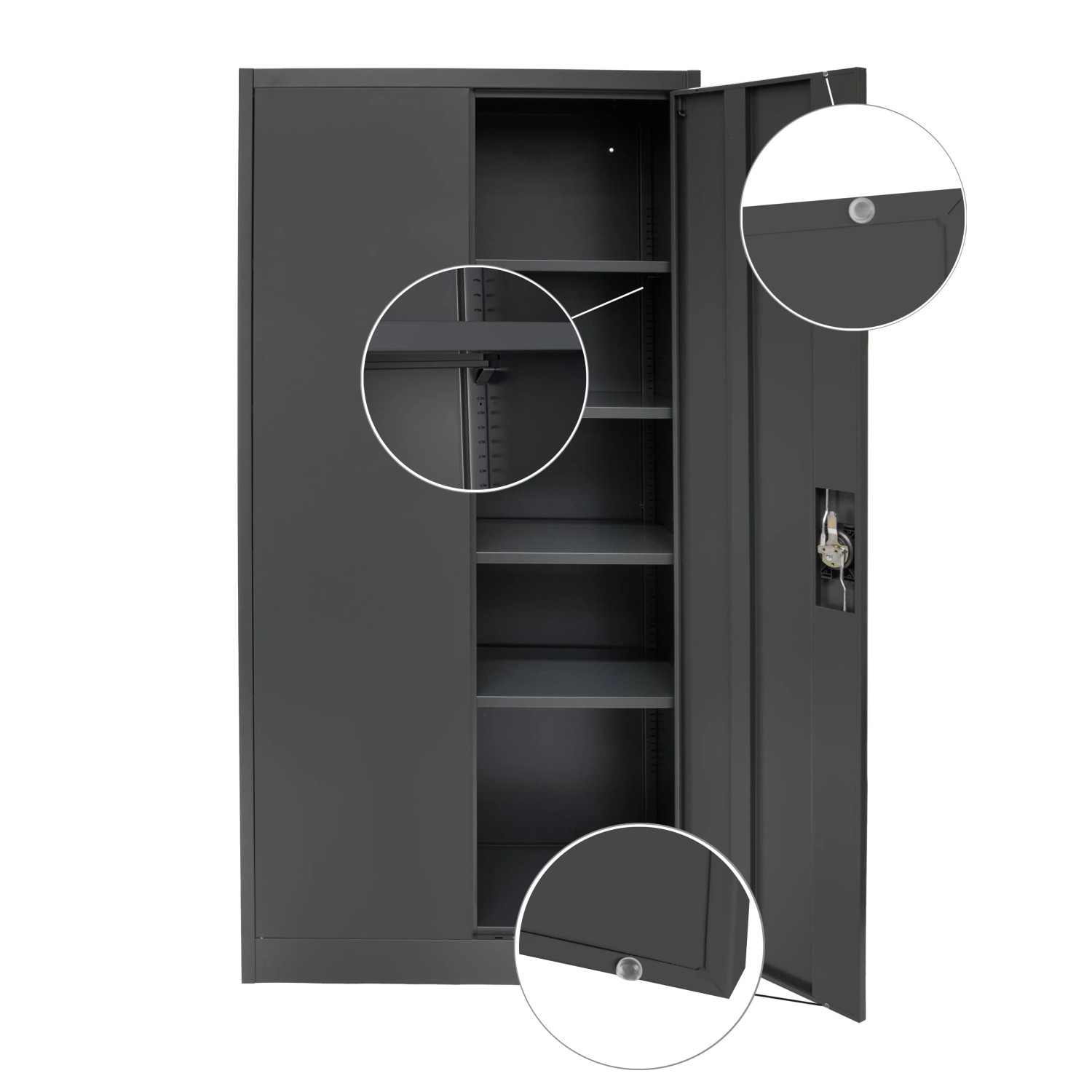 Offener Rikta Metallschrank, 168 cm hoch, anthrazit, mit vier Einlegeböden.