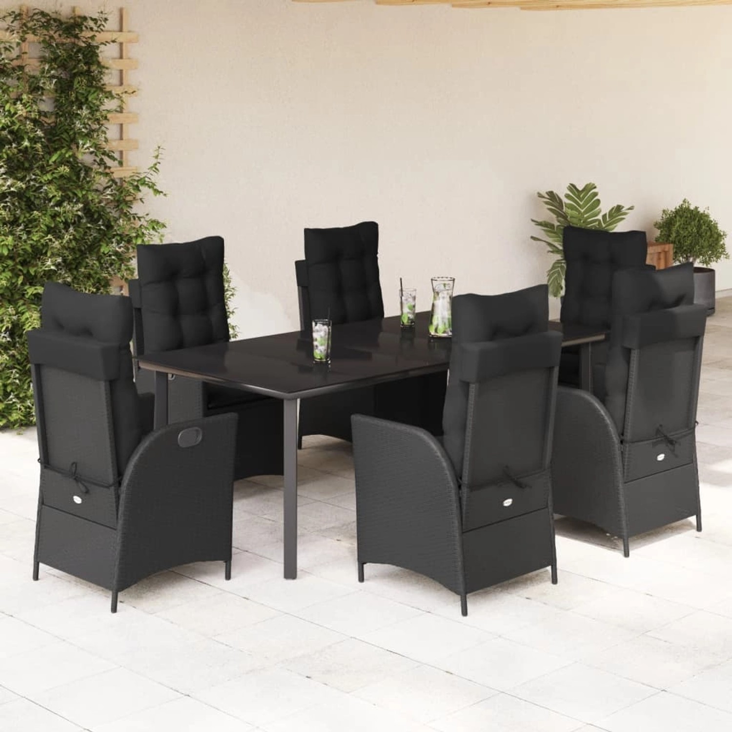 Schwarze 7-tlg. Garten-Essgruppe aus Polyrattan mit Kissen. Gartenmöbel-Set mit Tisch und verstellbaren Stühlen.