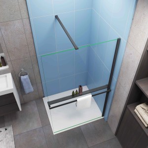 Schwarze AICA Walk In Duschwand 100x200cm mit Regal und Handtuchhalter.