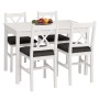 Weißes Esszimmer-Set im Landhausstil: Massivholz-Tisch und 4 Stühle mit schwarzen Polstern.