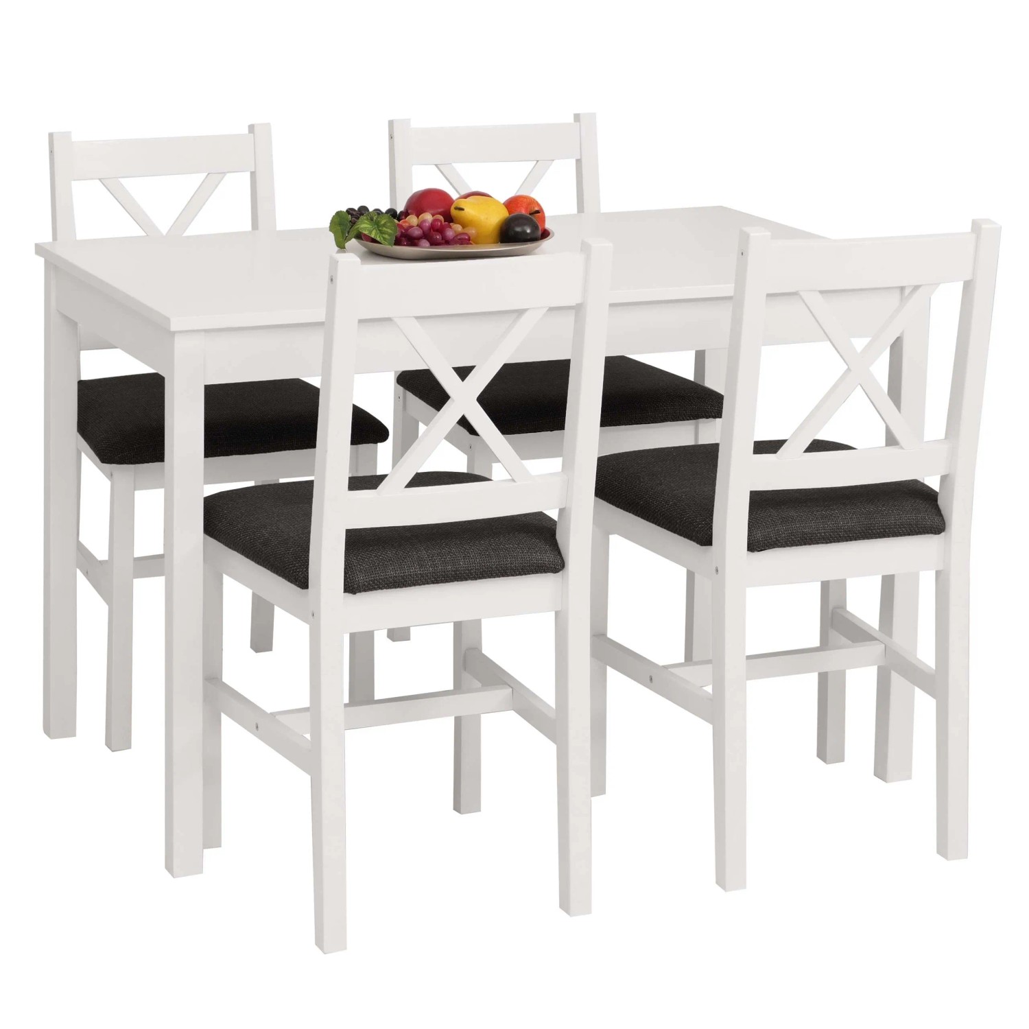 Weißes Esszimmer-Set im Landhausstil: Massivholz-Tisch und 4 Stühle mit schwarzen Polstern.