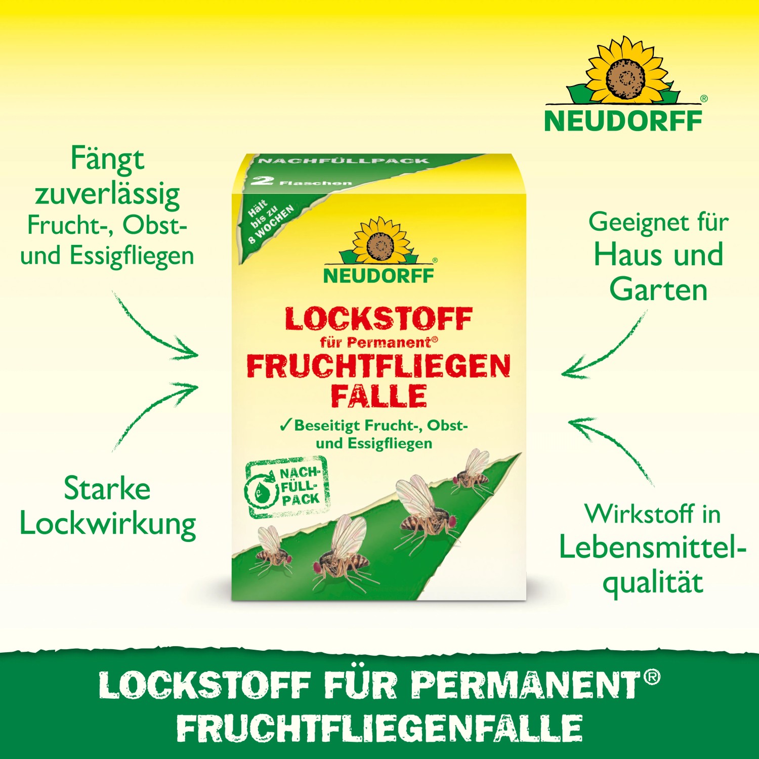 Neudorff Permanent Lockstoff Fruchtfliegenfalle, 2er-Set. Lockstoff zur Bekämpfung von Fruchtfliegen im Haus und Garten.