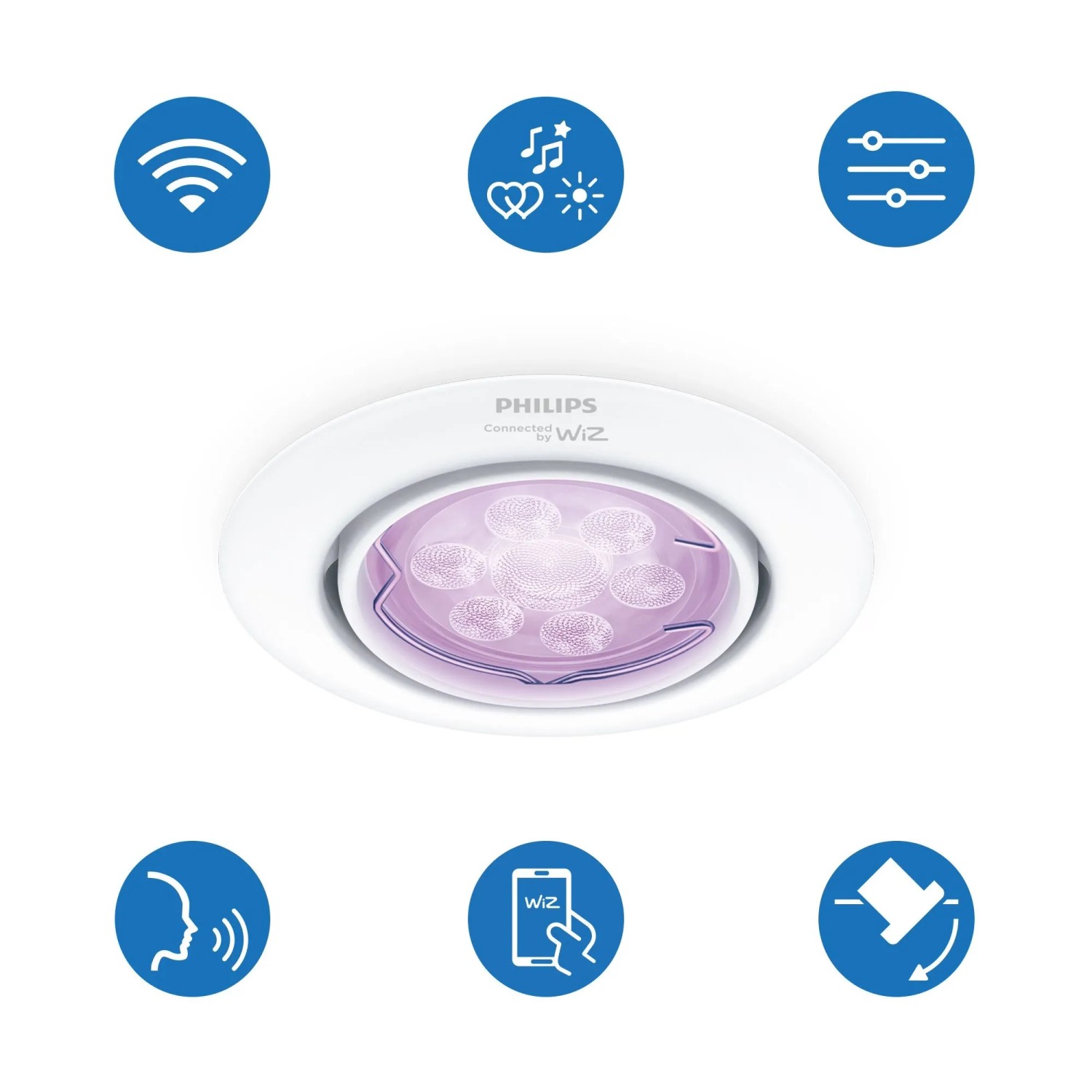 Weißer Philips Smart GU10 Einbauspot mit lila Licht, Icons für WLAN, RGB, Dimmung, Sprach- & App-Steuerung.