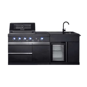 MyOutDoorKitchen Pure Compact Outdoorküche, freistehend, schwarz, mit Grill, Spüle und Kühlschrank.
