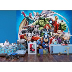 Kinderzimmer mit Avengers Fototapete in Blau, Grün und Rot. Wandbild mit Superhelden.