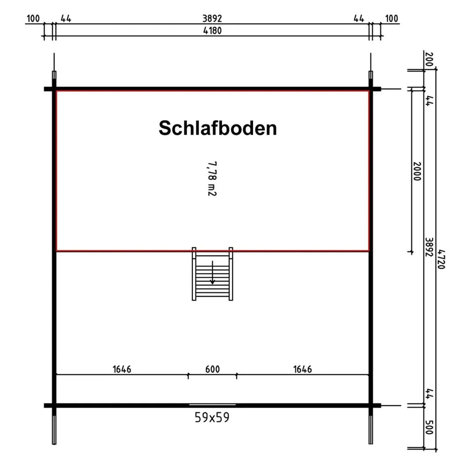 Grundriss Alpholz Gartenhaus Schwedenhaus 44: Maße und Raumaufteilung mit Schlafboden.