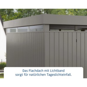 Graues EcoStar Gerätehaus Euroline mit Flachdach und Lichtband, Detailansicht.