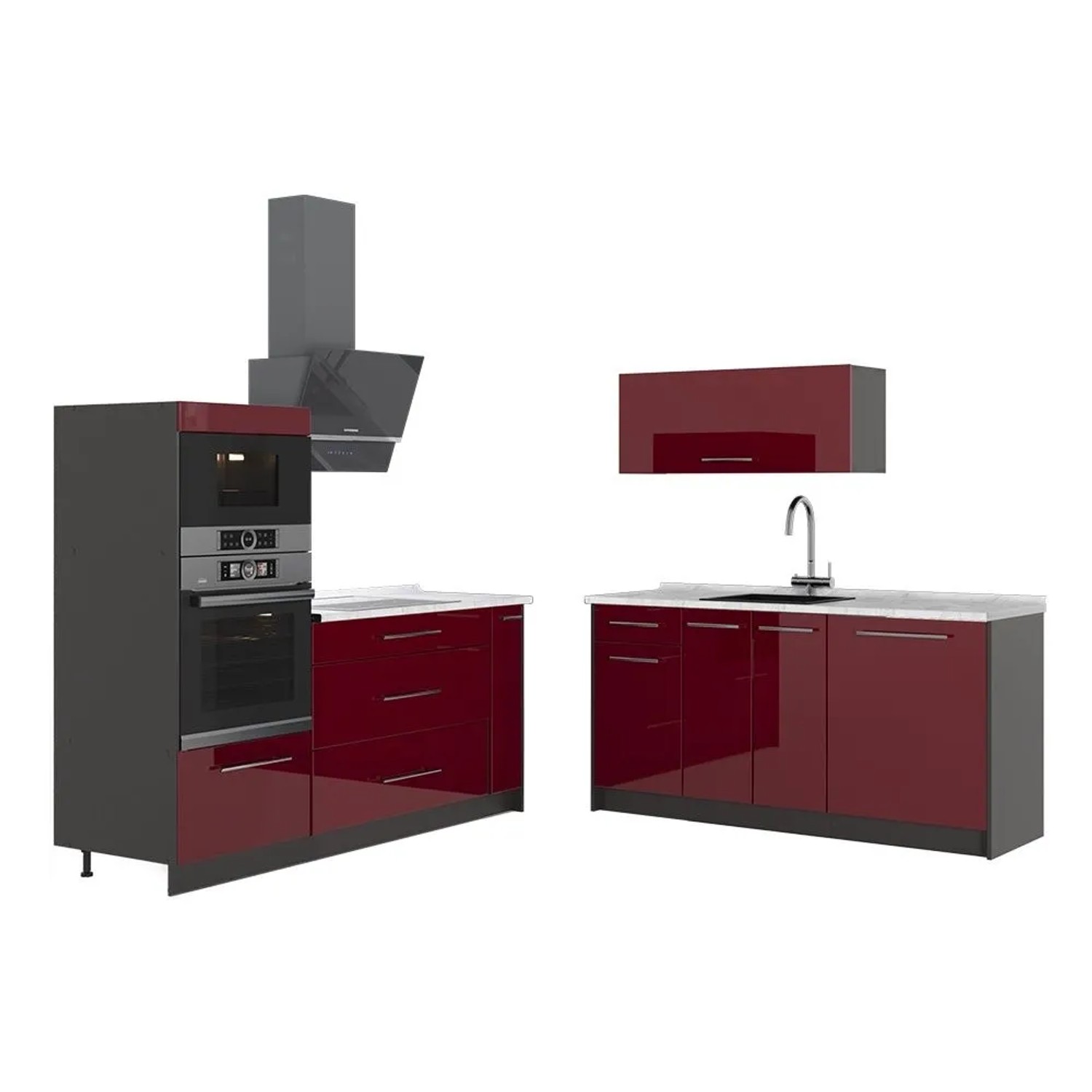 Vicco Küchenzeile Fame-Line Bordeaux Hochglanz/Anthrazit 340 x 154 AP Marmor Art Nr 63679