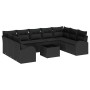 Schwarzes 10-teiliges vidaXL Garten-Sofa-Set aus Poly Rattan mit Kissen und Tisch.