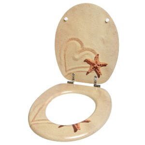 Sanilo WC-Sitz Sandy mit Holz-Optik, Seestern und Herz im Sand Design.