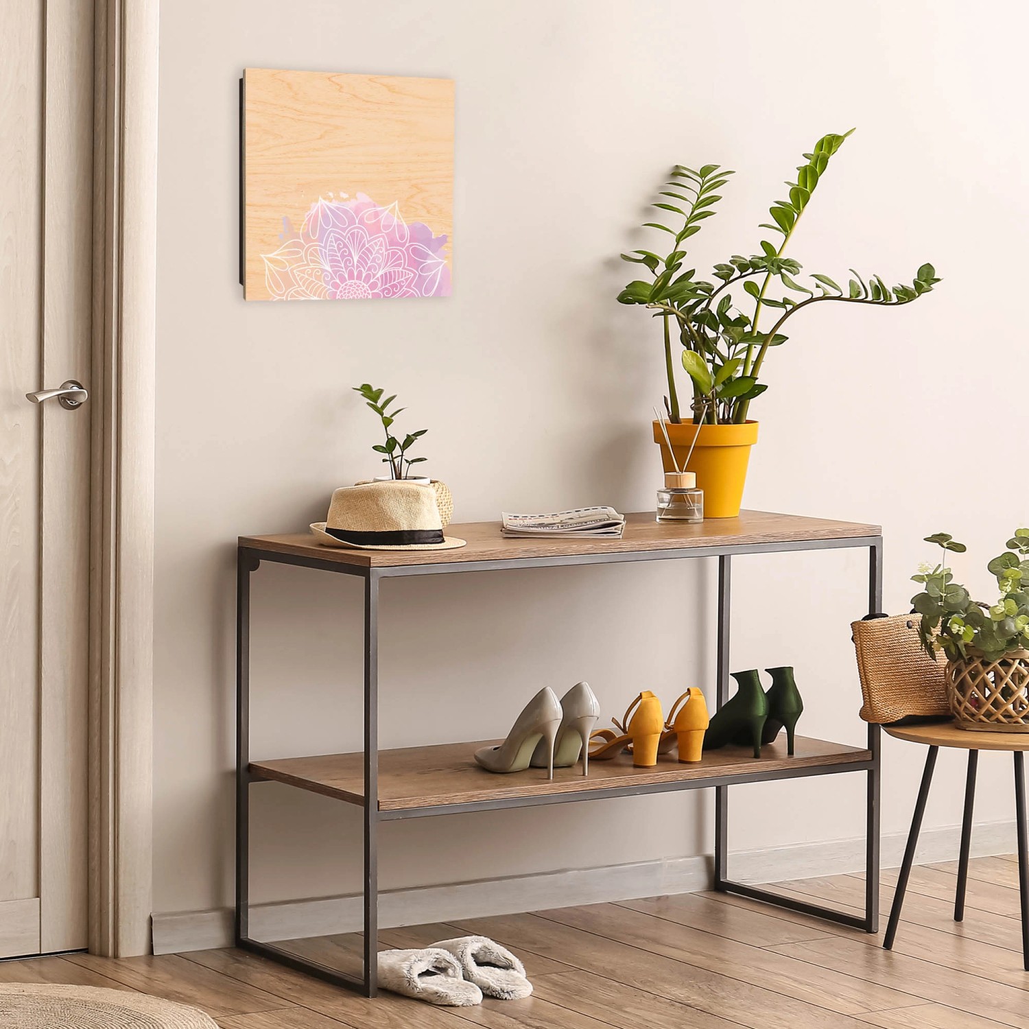 Banjado Schlüsselkasten Holz, 30x30cm, schwarzer Korpus, buntes Mandala Motiv, 50 Haken.