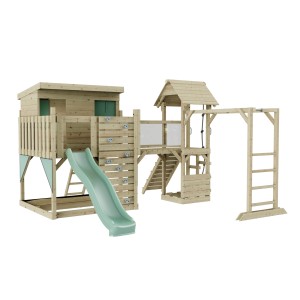 OutdoorToys Spielturm Isak in Mintgrün mit Rutsche, Kletterwand und Hangelstange.