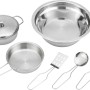 7-teiliges Küchen-Set aus Metall für die Matschküche, bestehend aus Topf, Pfanne, Schüssel und Küchenhelfern.