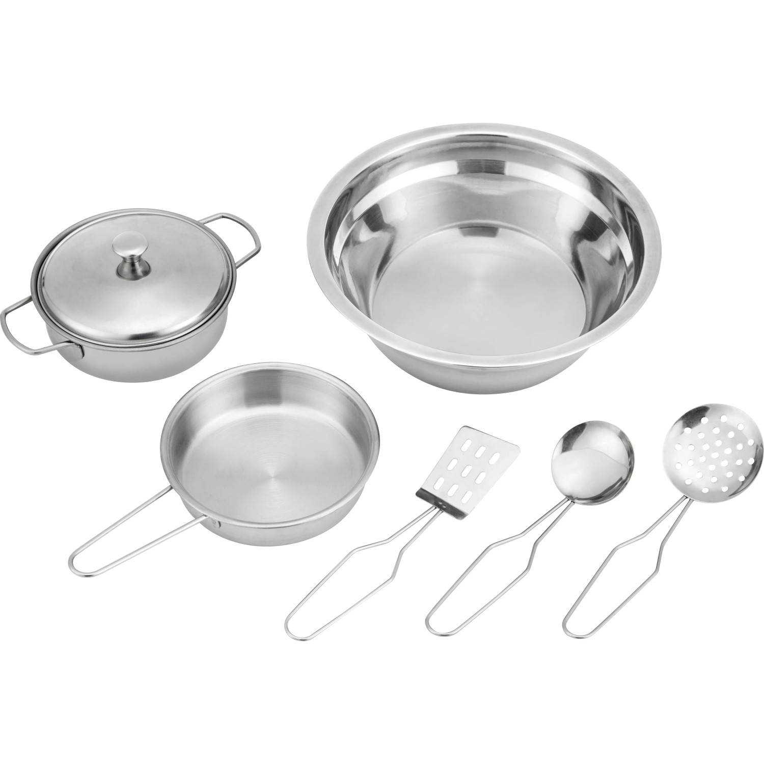 7-teiliges Küchen-Set aus Metall für die Matschküche, bestehend aus Topf, Pfanne, Schüssel und Küchenhelfern.