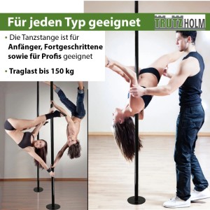 Schwarze TRUTZHOLM Tanzstange mit Personen beim Pole Dance. Sport & Fitnessgerät.